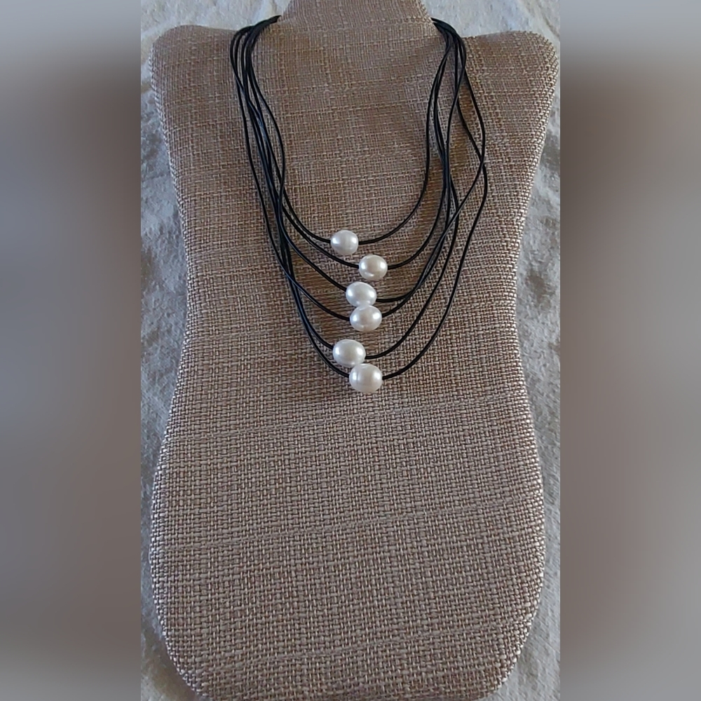 Handmade White Pearl And 6-String Black Leather Necklace
